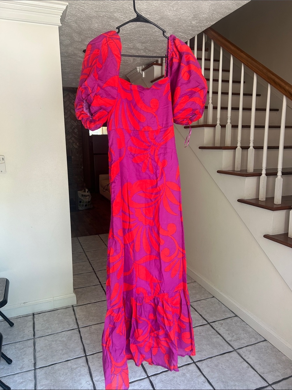 Sugarlips Pink and Red Puff-Sleeve Maxi Dress